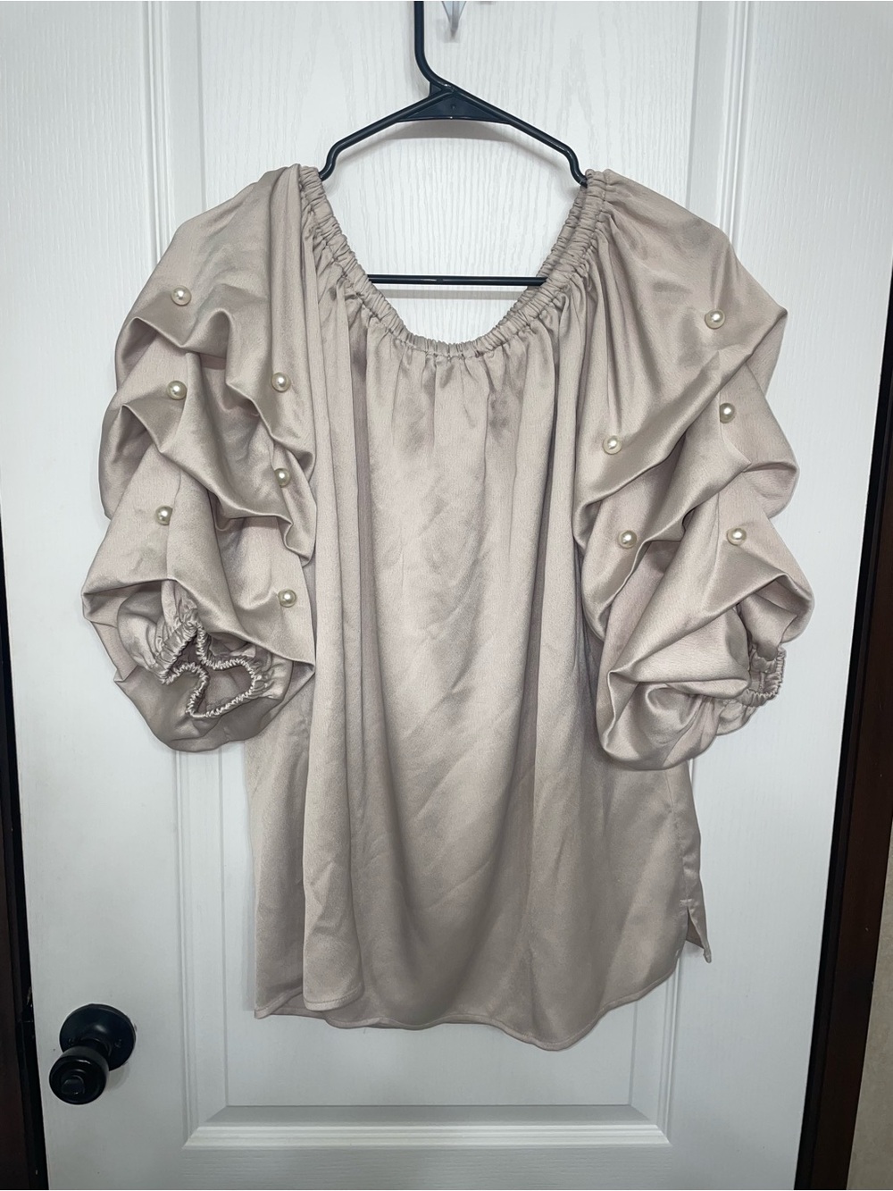 Roz & Ali Pearl-Accent Ruffle Sleeve Blouse - Cream